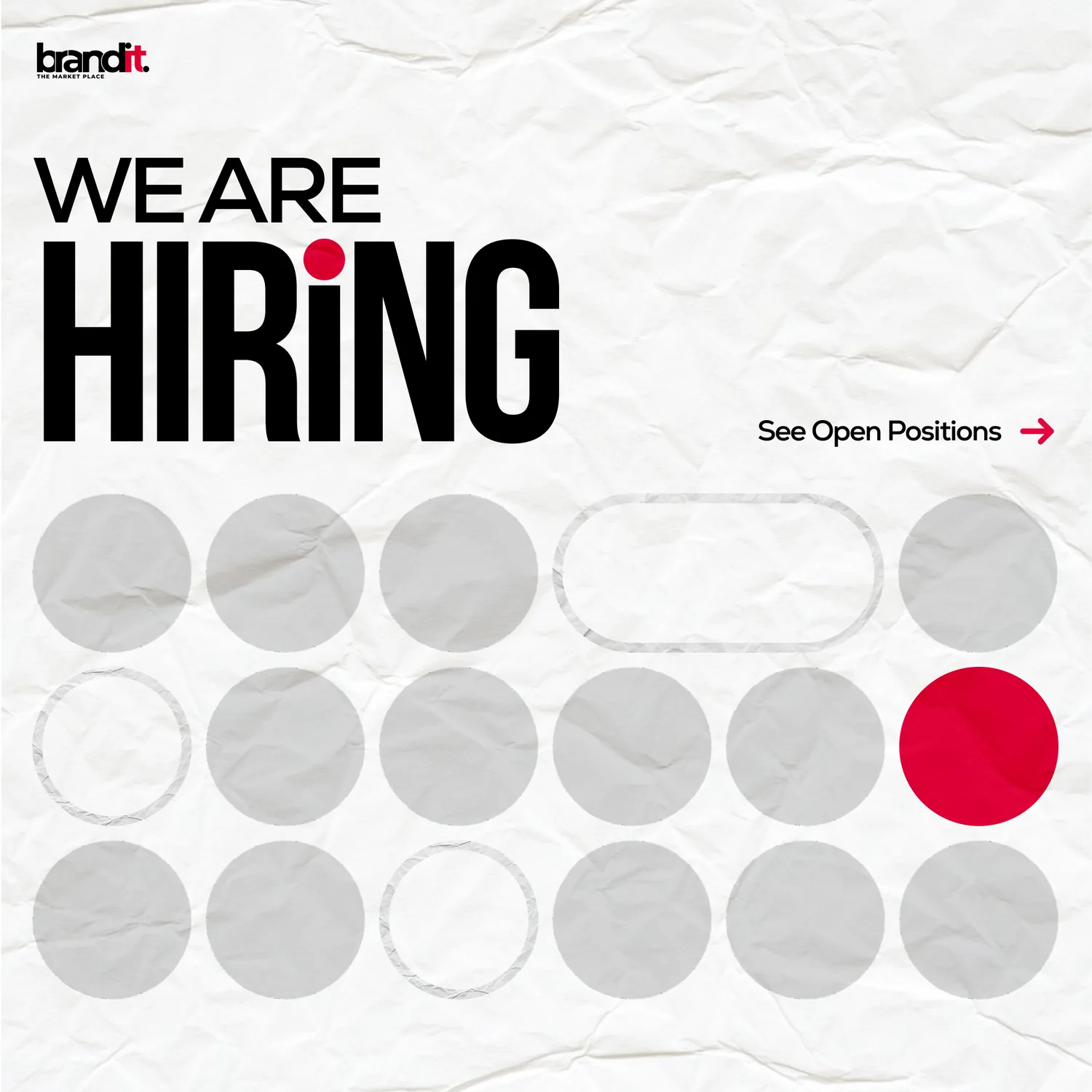 Hiring post: “We Are Hiring” in heavy black capitals above a grid of blurred portrait placeholders, with one circle filled in red.