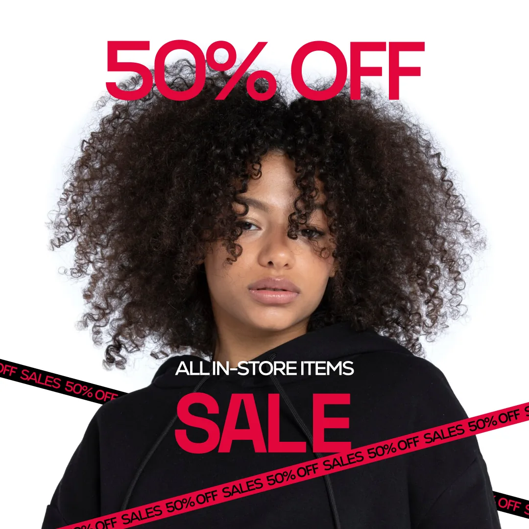 Sale post: a portrait against white, cut by a red banner reading “All in-store items” above a huge red “Sale”.