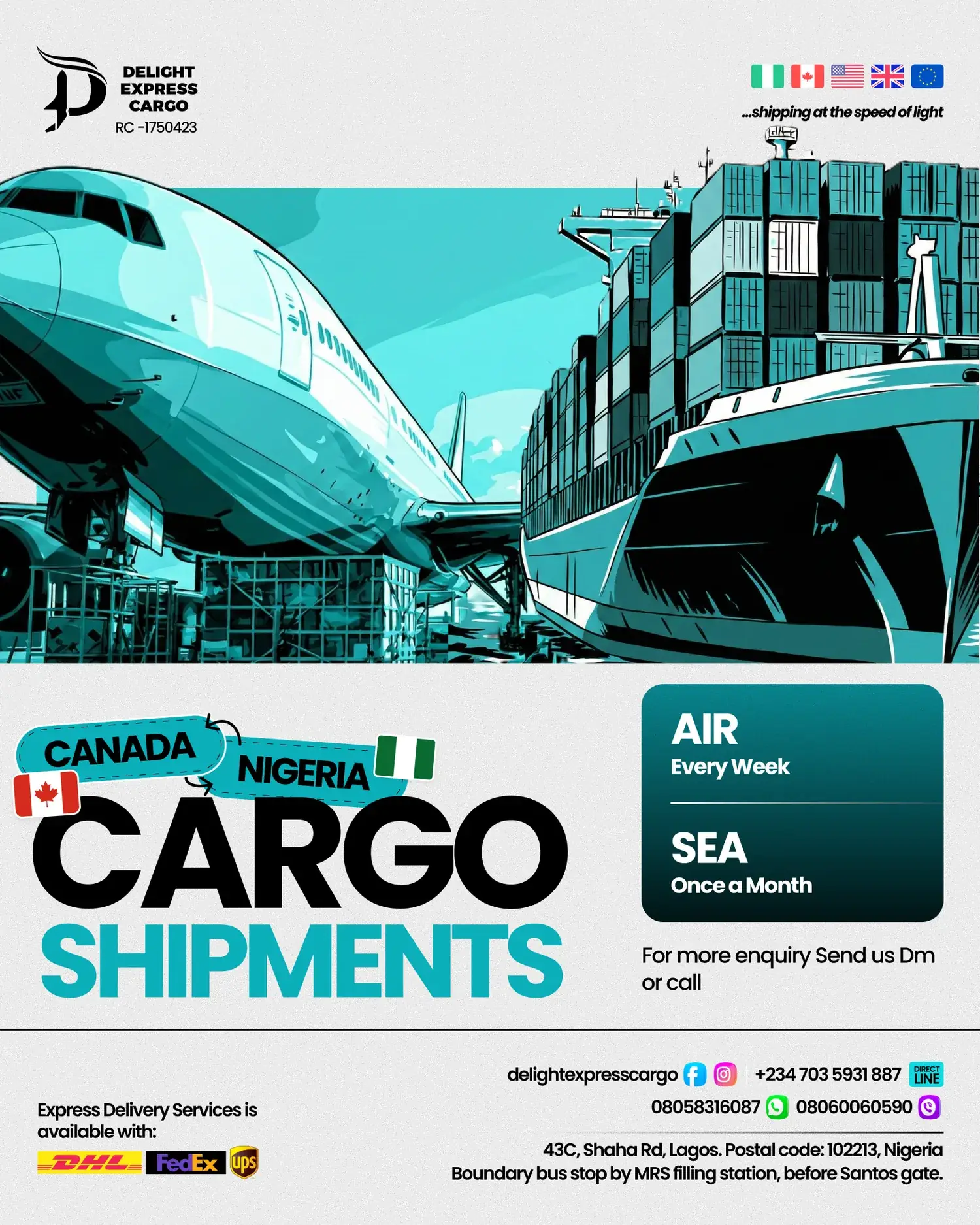 Teal freight ad: an airliner and a container ship in a cut-out collage beneath banked headline type, with an air and sea rate panel on the right.