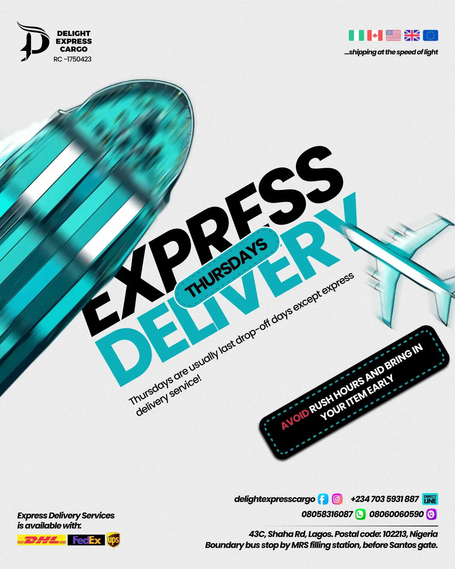 Teal courier ad built on a 3D airliner banking across the words “Express Delivery”, with a dark service tag at the foot of the frame.