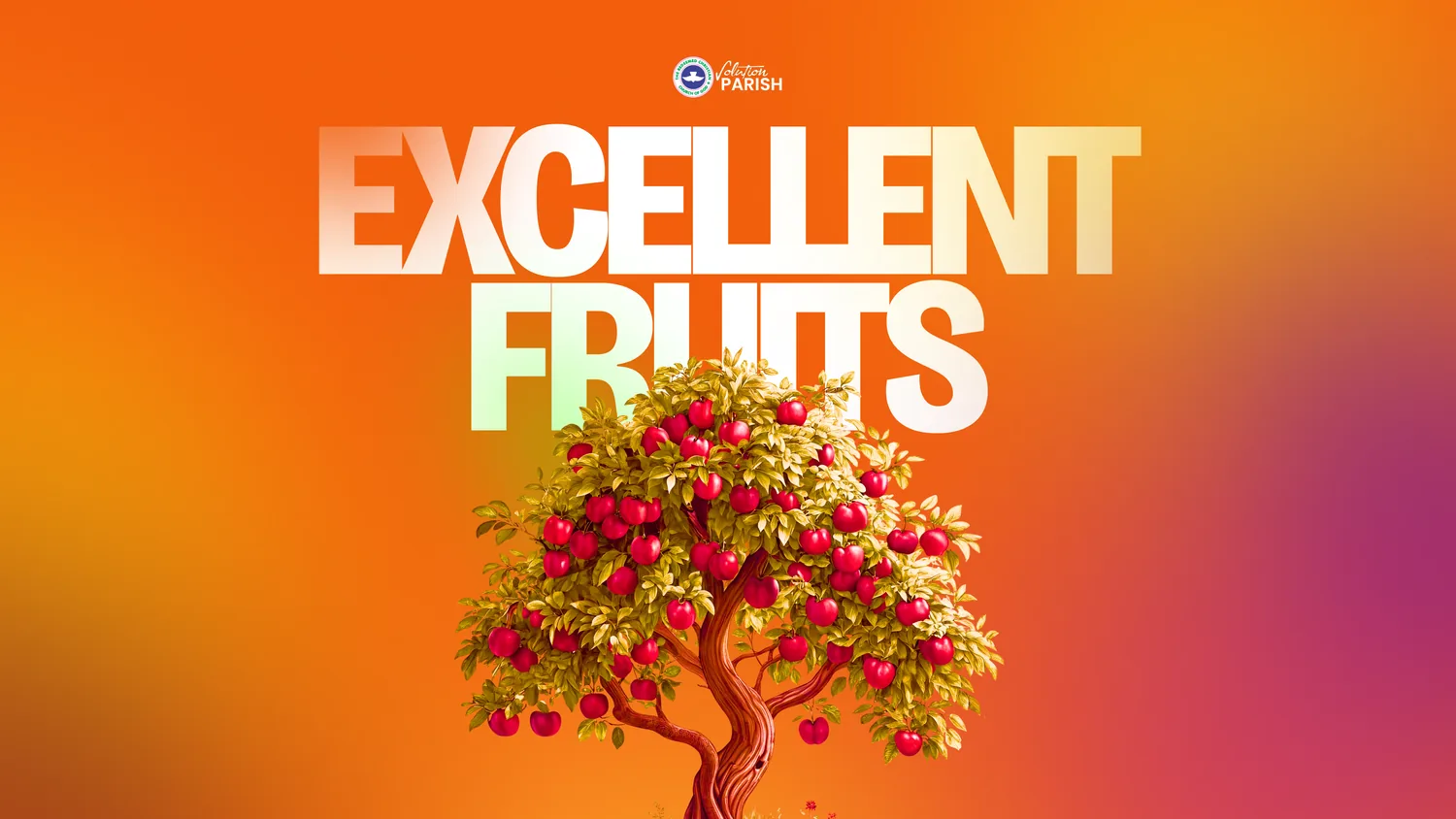 Wide orange-to-magenta gradient with a glossy apple tree at the centre and “Excellent Fruits” in tall white letters above it.