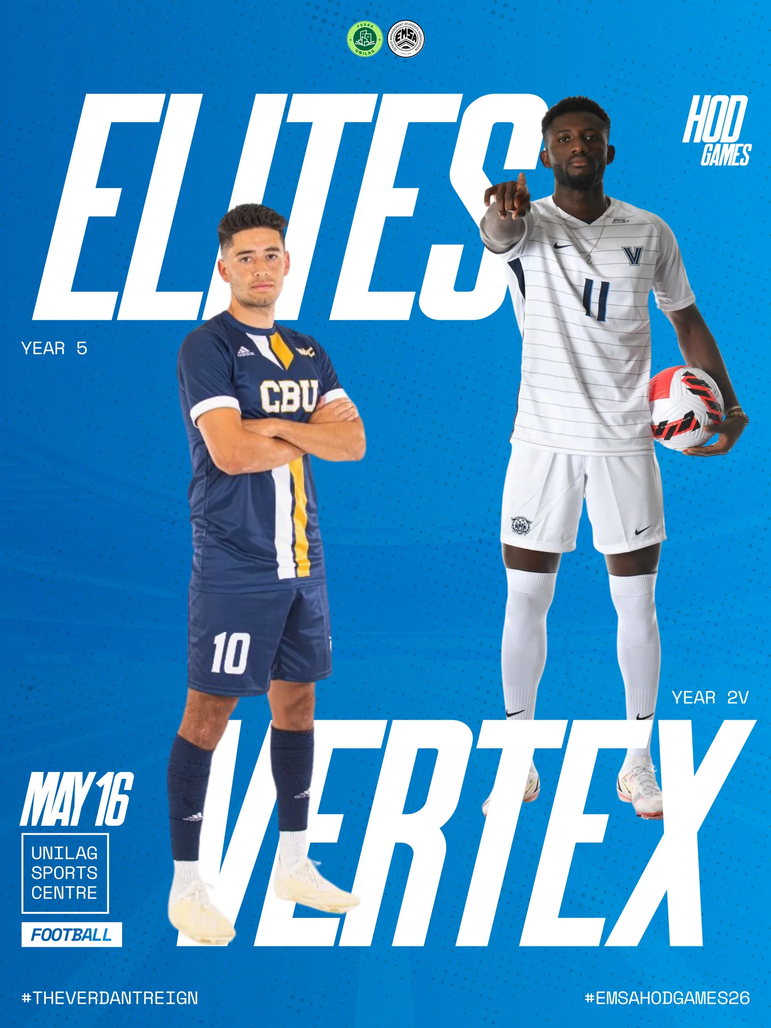 Football fixture poster in blue: two players in kit either side of the team names “Elites” and “Vertex” in tall white capitals, with the date along the bottom.