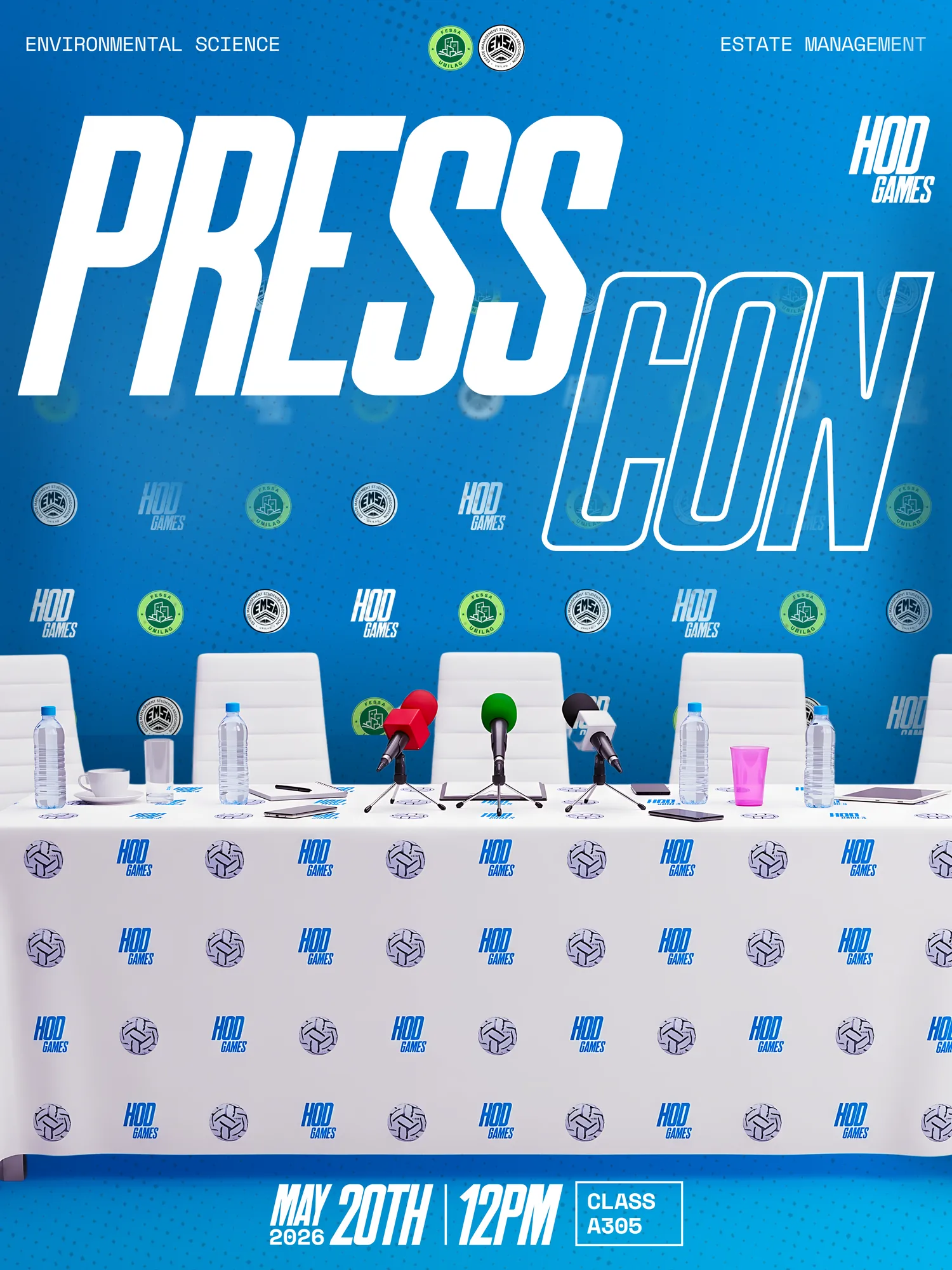 Blue press-conference poster: a row of labelled microphones on a desk under “Press Con” in white italic capitals, with the date and time across the lower third.