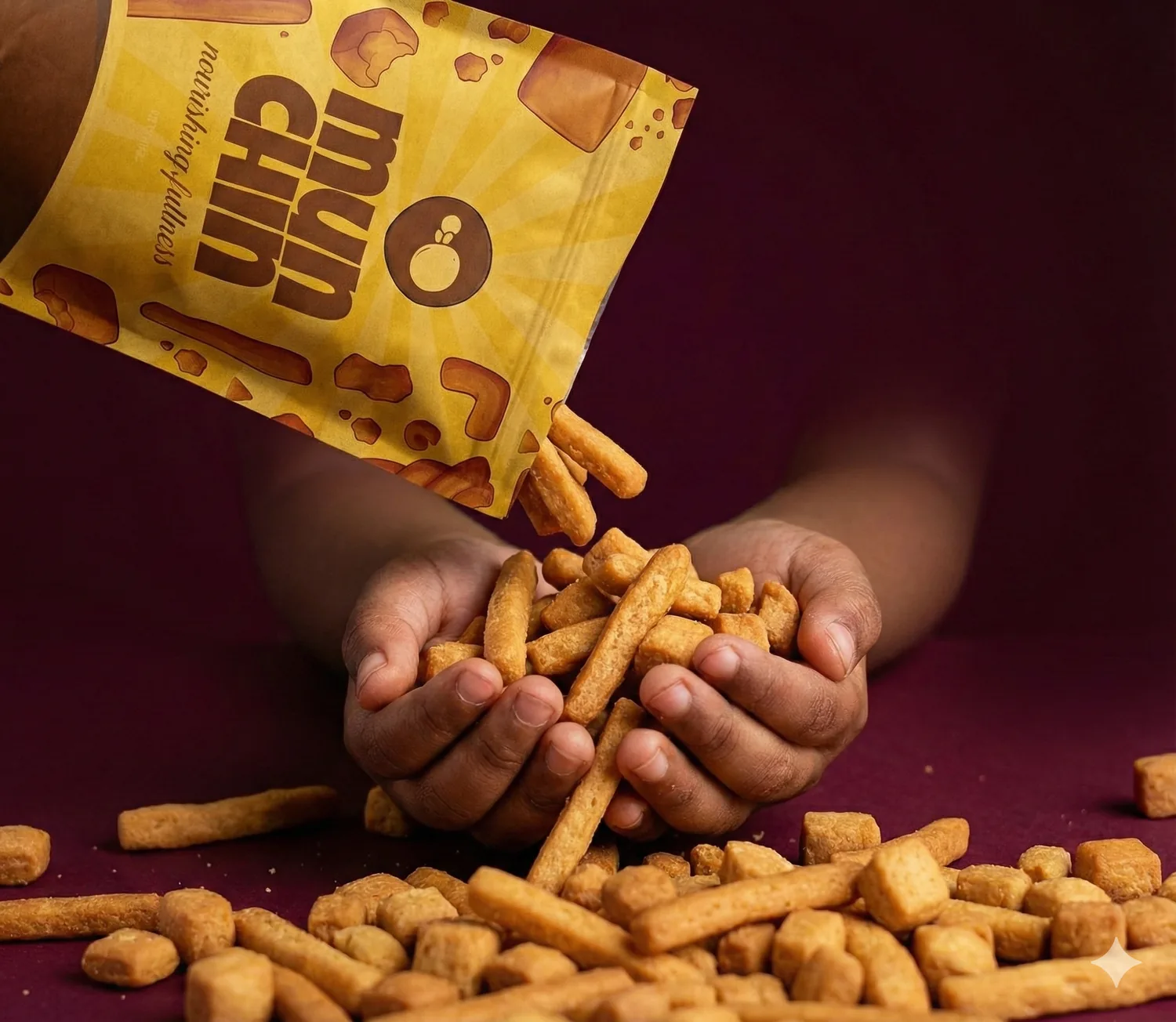 Product still: hands tipping a yellow Munchin pouch so the snack spills across a deep maroon surface.