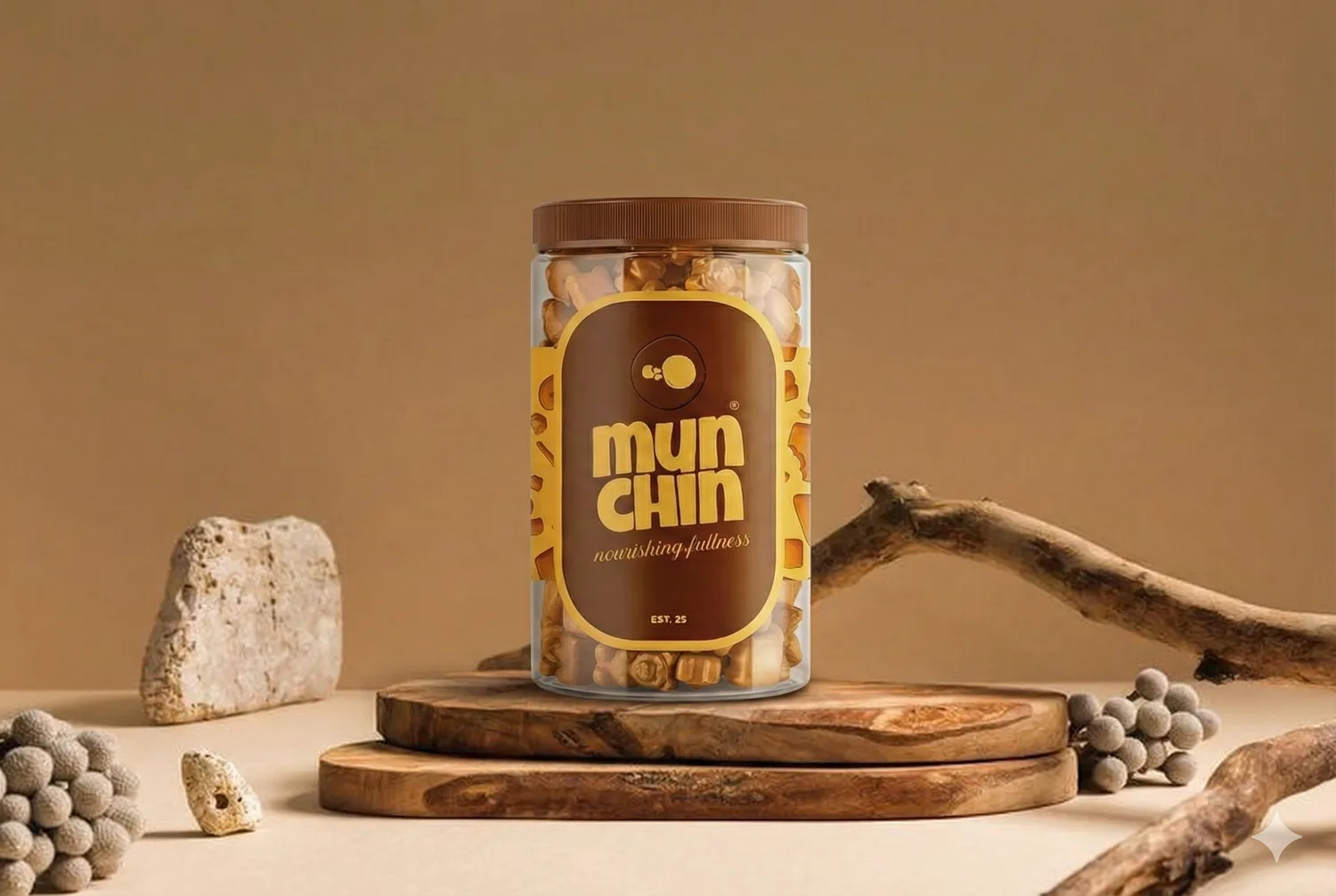 Munchin jar standing on a wooden board with stones and scattered pieces against a warm beige backdrop.