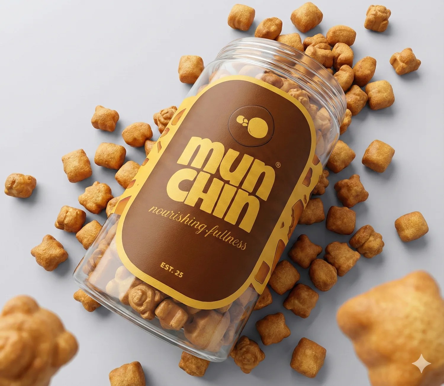 Light product still: a clear jar of Munchin snacks lying among scattered pieces on a pale grey surface.