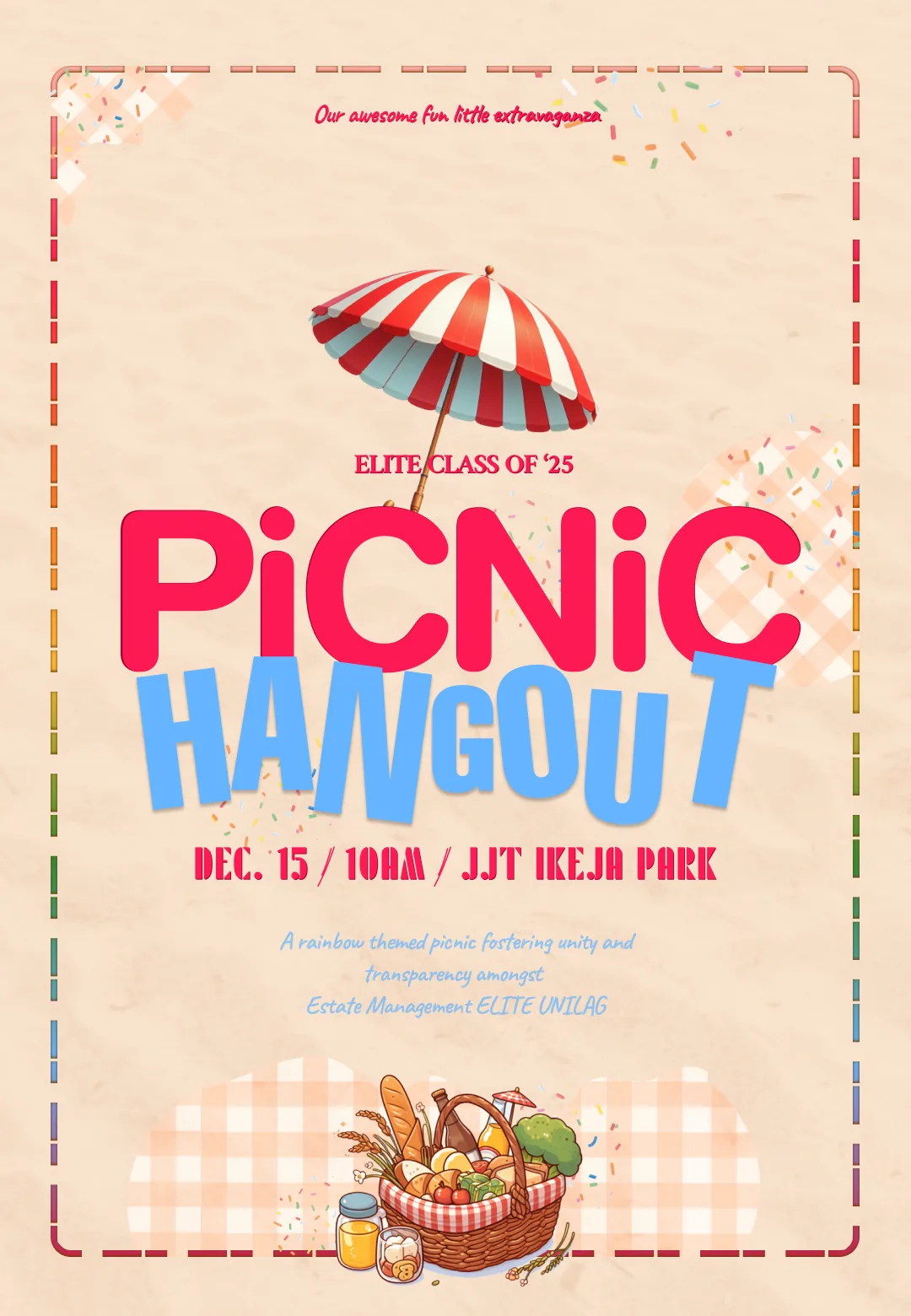 Picnic event flyer on a cream and red checkered ground with a striped parasol, a picnic basket and a layered “Picnic Hangout” logotype in pink and blue.