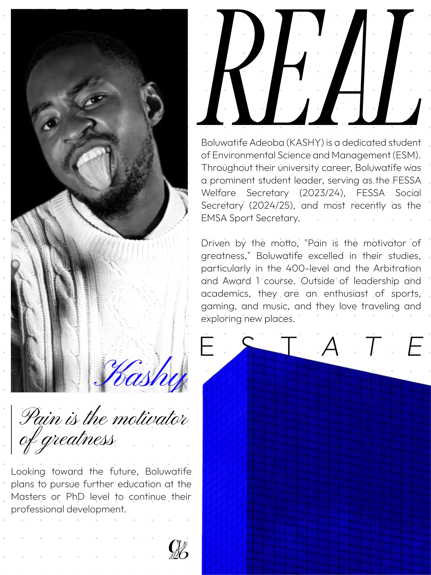 Editorial profile layout: a black-and-white portrait of a grinning young man on the left, a huge serif “Real” over “Estate” on the right with a column of body copy, and a blue 3D block filling the lower right.