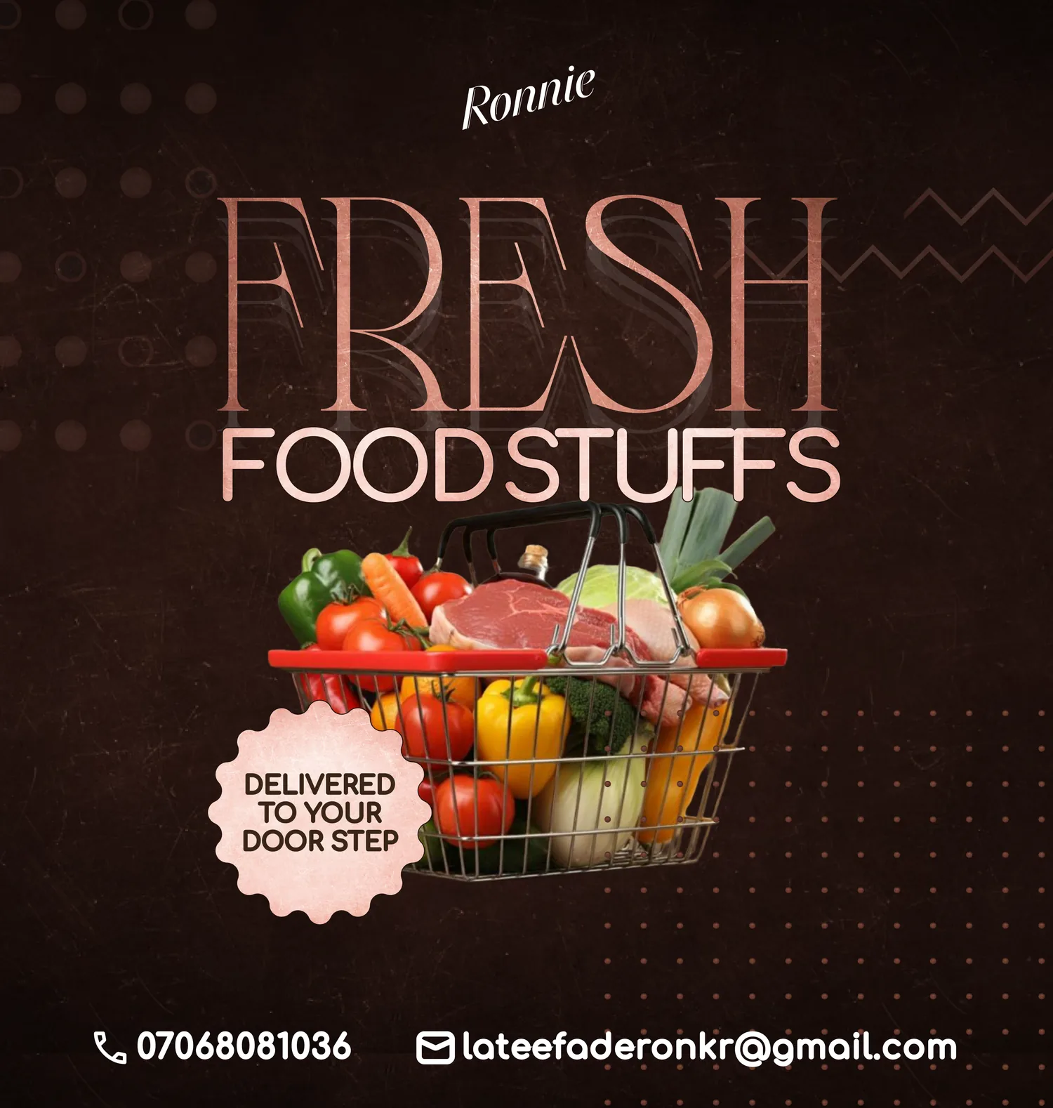 Dark food-delivery flyer: a wire basket of produce cut out over a woven texture, with “Fresh Foodstuffs” in a tall serif and a delivery badge below it.