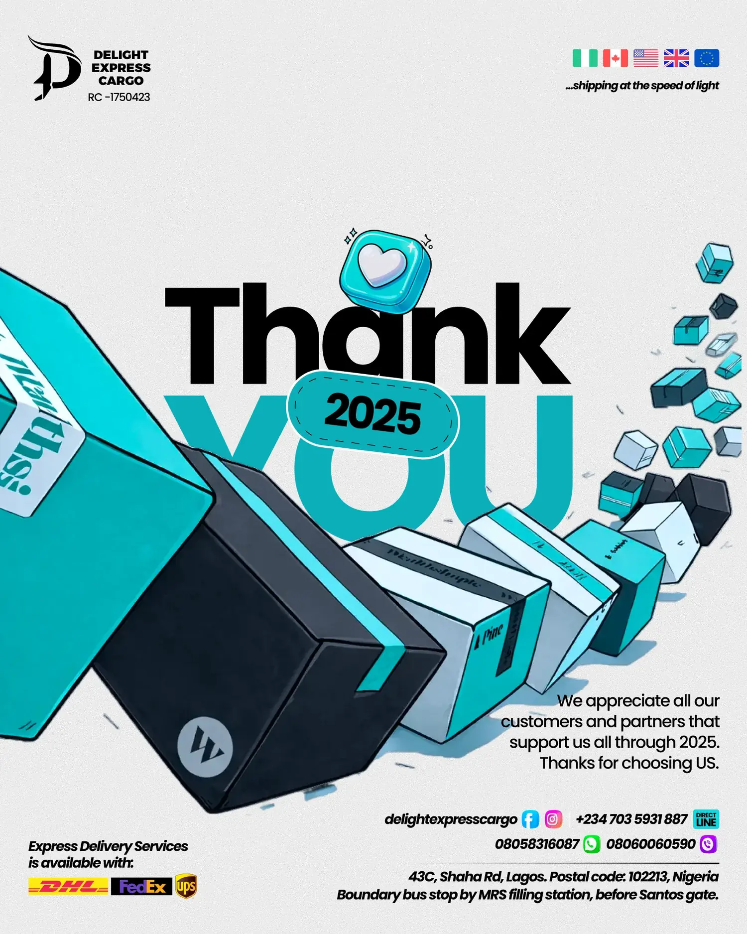 Year-end thank-you artwork: teal and charcoal parcels lined up beneath oversized black type, a glossy heart badge and tumbling blue cubes.