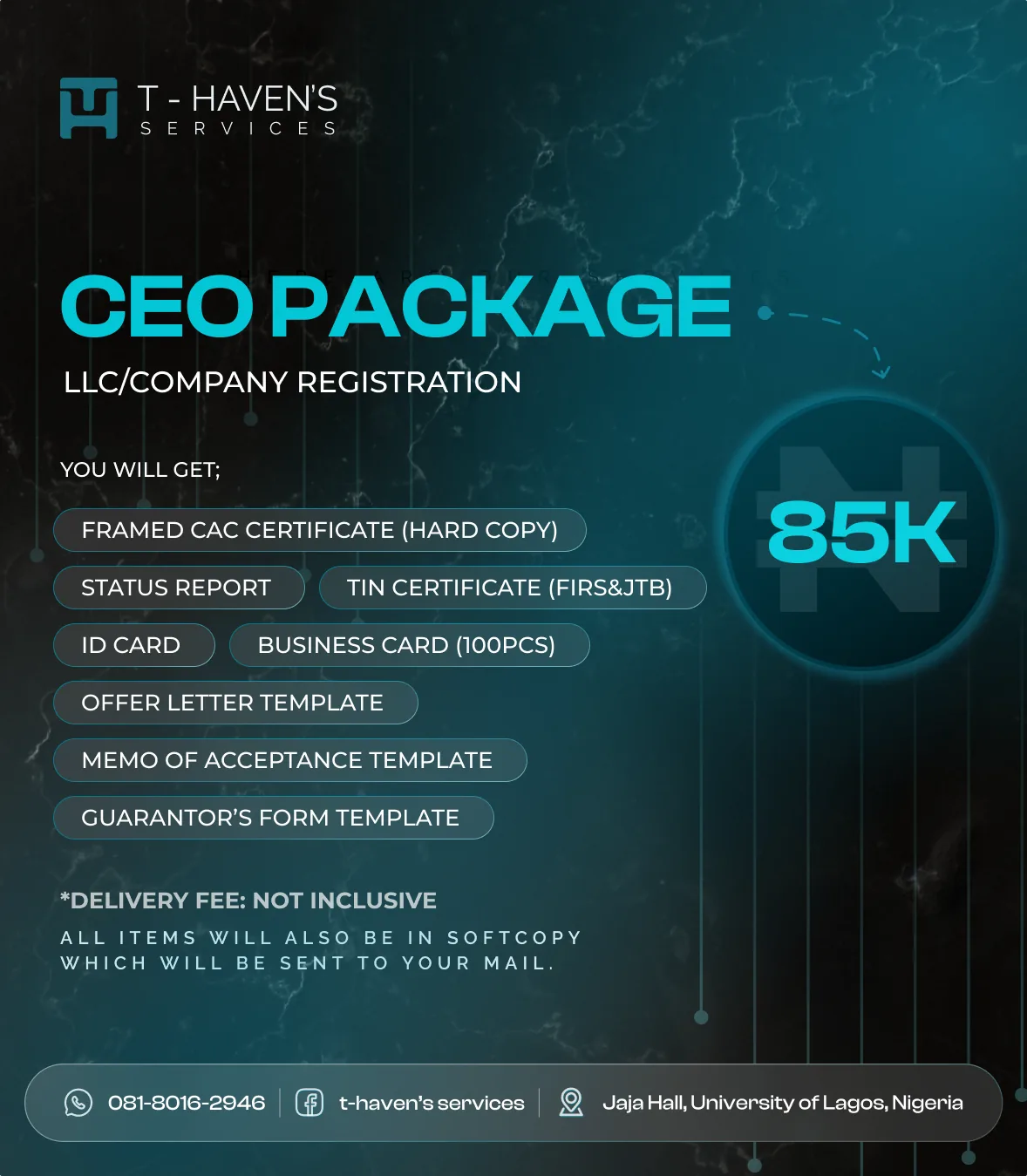 Dark teal company-registration ad headed “CEO Package”, with an 85K price, a tiered list of services and a contact footer.