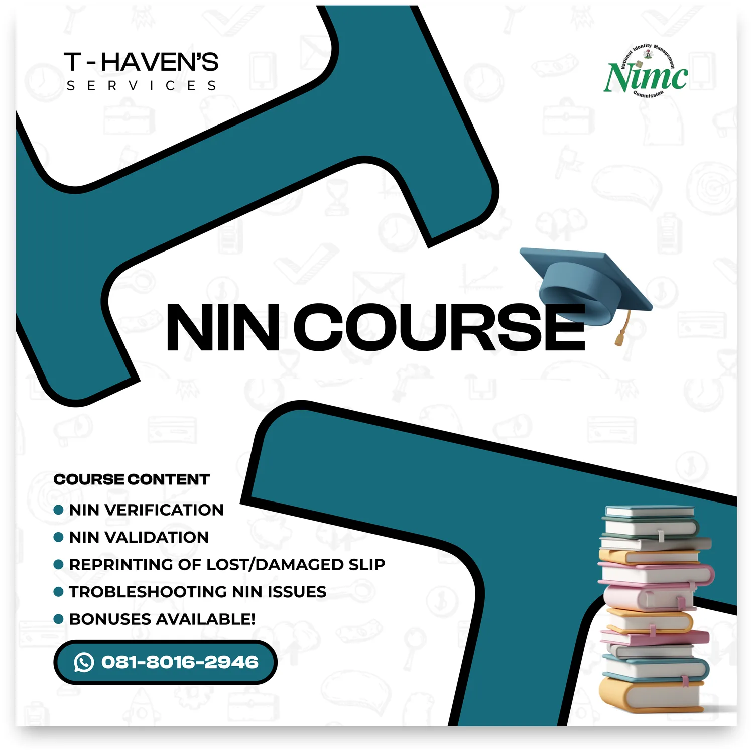 Course ad in teal and white built around a giant letter N, with a graduate's cap and a numbered list of what the course covers.