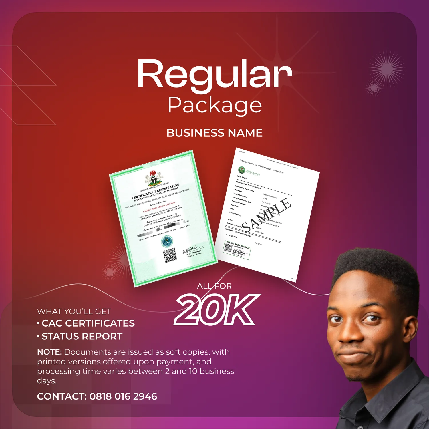 Red and purple registration ad: two certificate mockups, a 20K price, a short service list and a portrait of the agent.